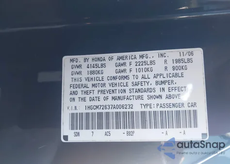 2007 Honda Accord 2.4 Ex z USA, uszkodzony, nr VIN 1HGCM72637A006232